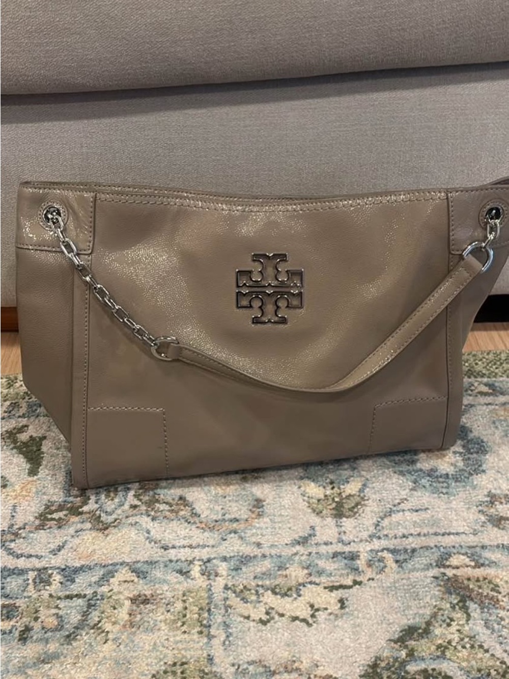 Tory Burch Taupe Leather Chain-Accent Shoulder Bag